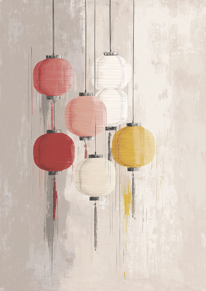 Artistic representation of decorative hanging lanterns in various colours against a textured background.
